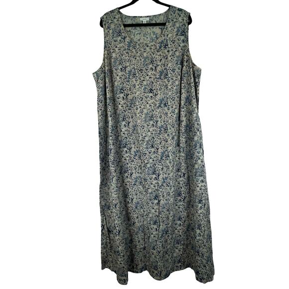 Purejill Sleeveless Maxi Dress Blue Cream Floral 100% Organic Cotton 3X Prairie - Picture 1 of 13